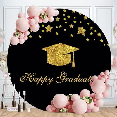 Aperturee Black And Golden Glitter Graduation Round Backdrop