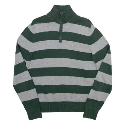 TOMMY HILFIGER Mens Patterned Jumper Green Striped 1/4 Zip Tight Knit M