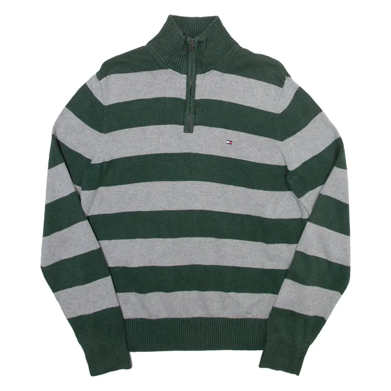TOMMY HILFIGER Mens Patterned Jumper Green Striped 1/4 Zip Tight Knit M