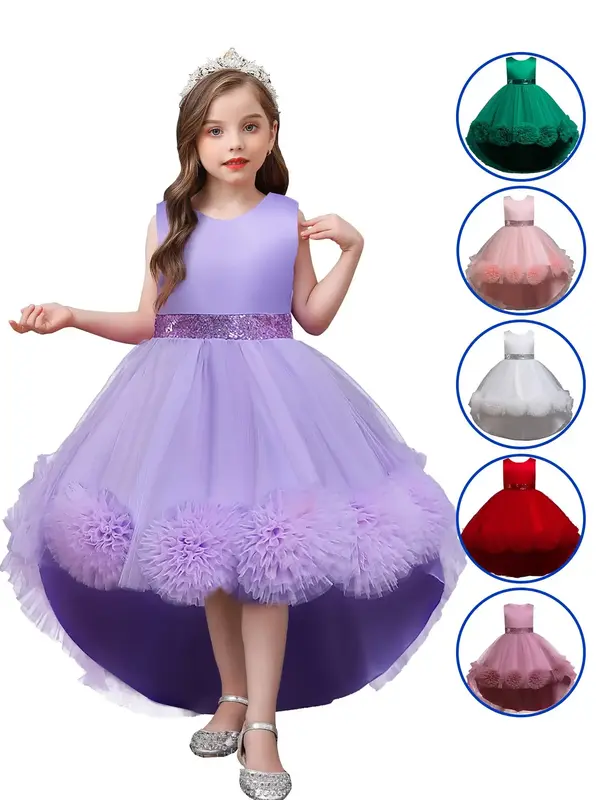 Girl's Contrast Sequin Big Bow Decor Appliques High Low Tulle Dress, Elegant Contrast Lace Sleeveless Fit & Flare Dress for P...