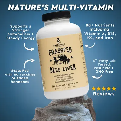 Ancestral Supplements Grass Fed Beef Liver 180 Capsules, Supports Energy Production, Detoxification, Digestion, Immunity and ...