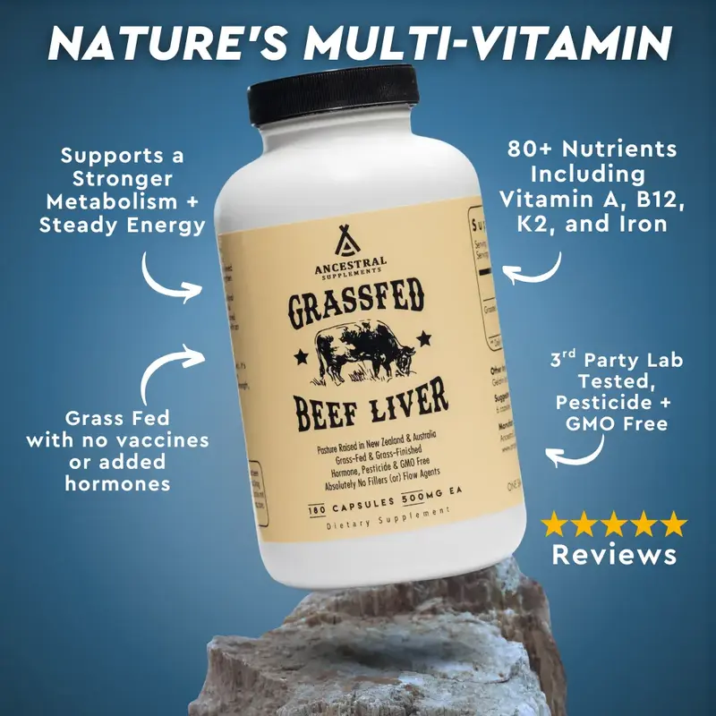 Ancestral Supplements Grass Fed Beef Liver 180 Capsules, Supports Energy Production, Detoxification, Digestion, Immunity and ...
