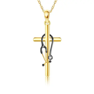 14K Gold & Black Cubic Zirconia Stethoscope Pendant Necklace