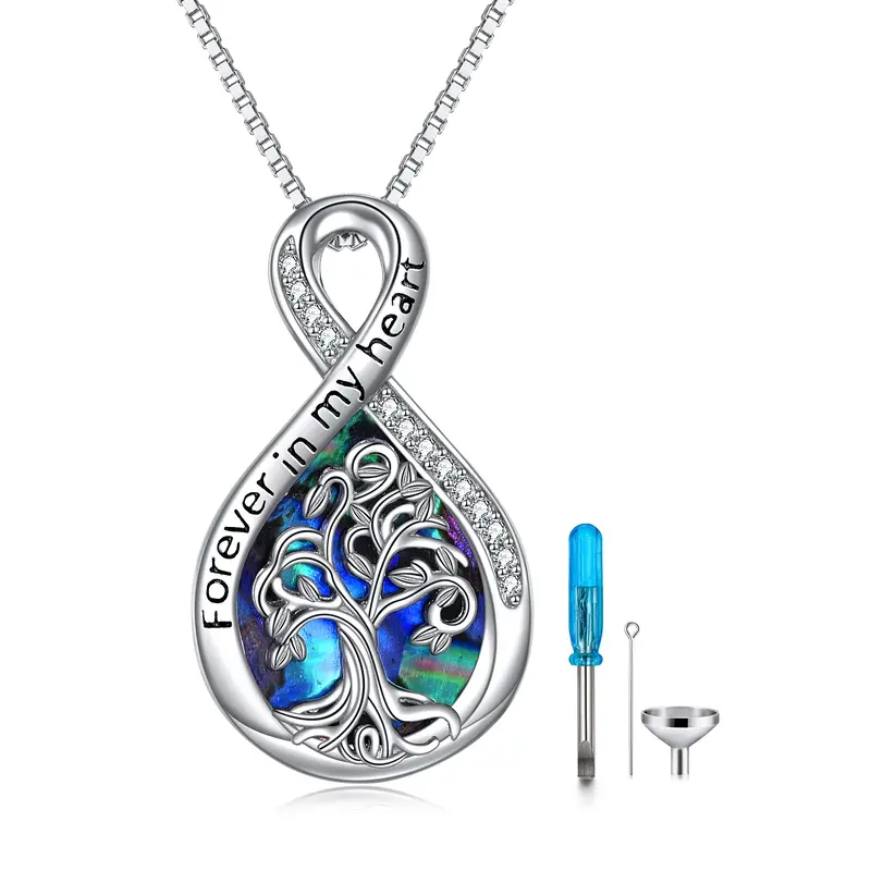 Sterling Silver Abalone Shellfish Tree Of Life & Infinity Symbol Urn Necklace for Ashes with Engraved Word