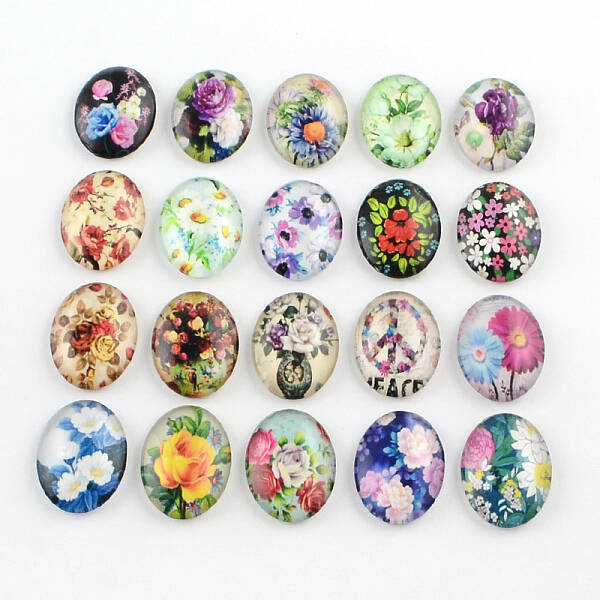 Flower Pattern Glass Oval Flatback Cabochons for DIY Projects