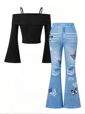 Two-piece Set Toddler Girl's Cold Shoulder Tee & Butterfly Print Flare Leg Pants Set, Elegant Fashion Casual Long Sleeve Top ...
