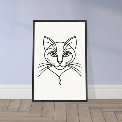 Timeless Cat Line Art - Natural Wood Framed Elegance