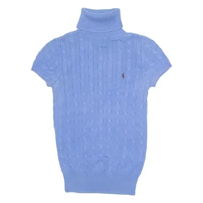 RALPH LAUREN Girls Jumper Blue Roll Neck Cable Knit Short Sleeve S