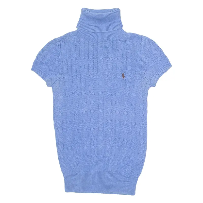 RALPH LAUREN Girls Jumper Blue Roll Neck Cable Knit Short Sleeve S