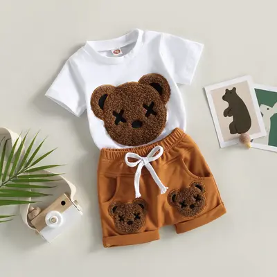 Baby Boys Summer 2-piece Outfits Cartoon Bear Pattern Short Sleeve T-shirt and Casual Elastic Shorts Set