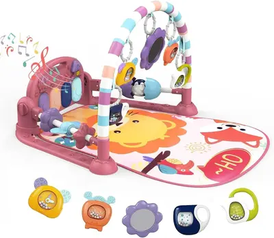 dearlomum Baby Play Mat Pink Lion Design with 5 Sensory Toys Music Lights for Newborns 0-36 Months Multifunction Durable Acti...