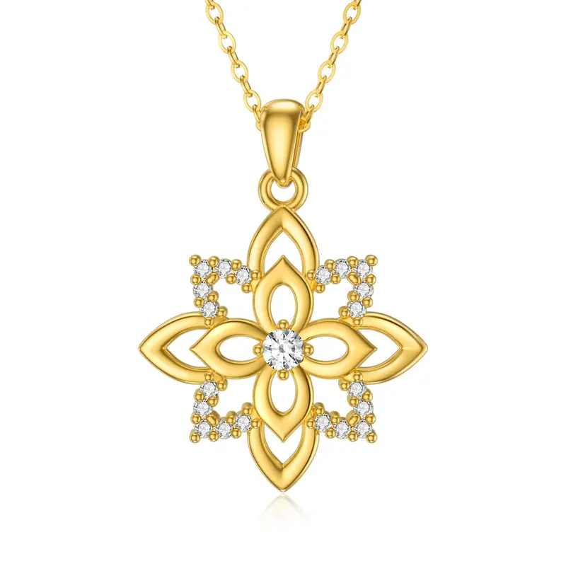 9K Gold Cubic Zirconia Four Leaf Clover & Lotus Pendant Necklace