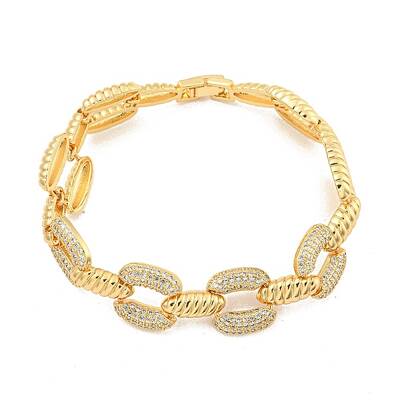 Brass Micro Pave Clear Cubic Zirconia Oval & Croissant Link Chain Bracelets for Women