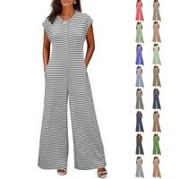 Ebifin Womens Casual Striped Jumpsuits Summer Cap Sleeve Wide Leg Jumper Romper Button Down Travel Beach Outfits