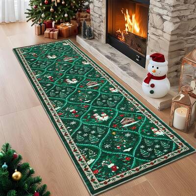 Garvee Christmas Runner Rug 2x8 Non-Slip Low Pile Washable Polyester Soft Durable Stain Resistant Green Kitchen Hallway Bedro...