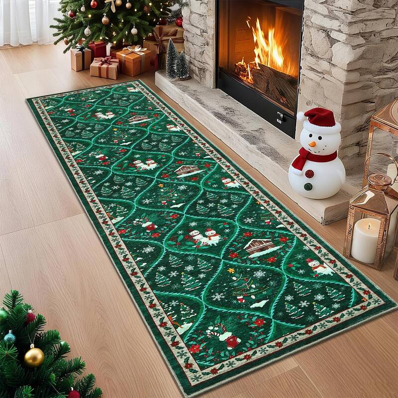 Garvee Christmas Runner Rug 2x8 Non-Slip Low Pile Washable Polyester Soft Durable Stain Resistant Green Kitchen Hallway Bedro...