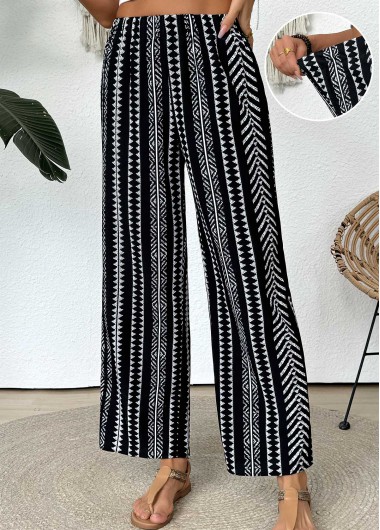 Modlily Black Tribal Print Straight Leg Elastic Waist Pants - S