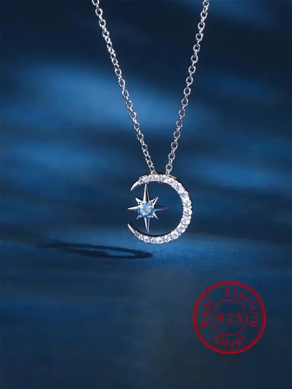 925 Sterling Silver Women's Star & Moon Design Pendant Necklace, Exquisite Trendy Pendant Necklace, Chic Jewelry As Gift for ...