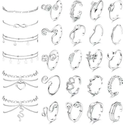 Florideco 26PCS Toe Rings and Ankle Bracelets for Women - Silver Rose, Cute Layered, Adjustable Beach Foot Jewelry for Summer...
