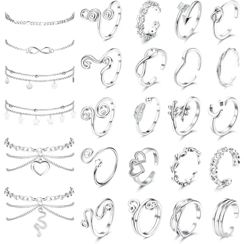 Florideco 26PCS Toe Rings and Ankle Bracelets for Women - Silver Rose, Cute Layered, Adjustable Beach Foot Jewelry for Summer...