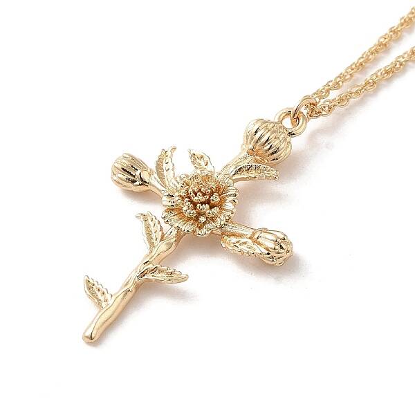 304 Stainless Steel Cross with Flower Pendant Necklaces for Women