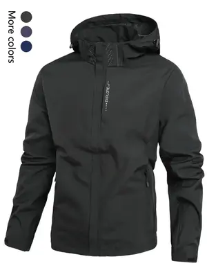 Men's Plain Windbreaker Hooded Jacket, Loose Long Sleeve Drawstring Zip Up Coat for Spring Fall Hiking Climbing Camping Cycli...