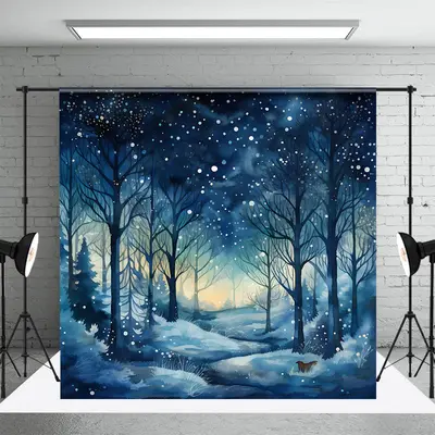 Snowy Dark Night Trees Forest Photography Backdrop