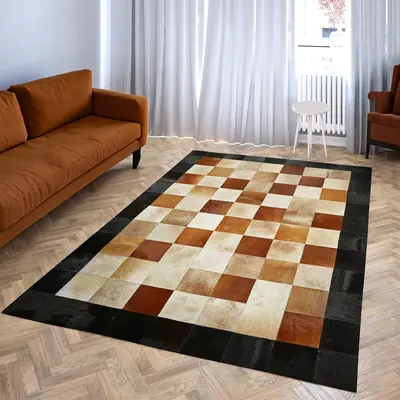 Checkered Cowhide Rug with Black Border