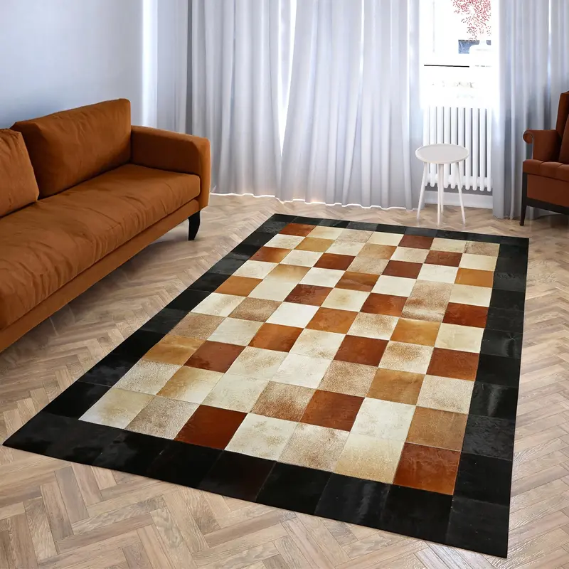 Checkered Cowhide Rug with Black Border