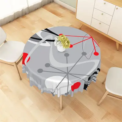 Grey Red Black Lines Spots Abstract Round Tablecloth - Aperturee