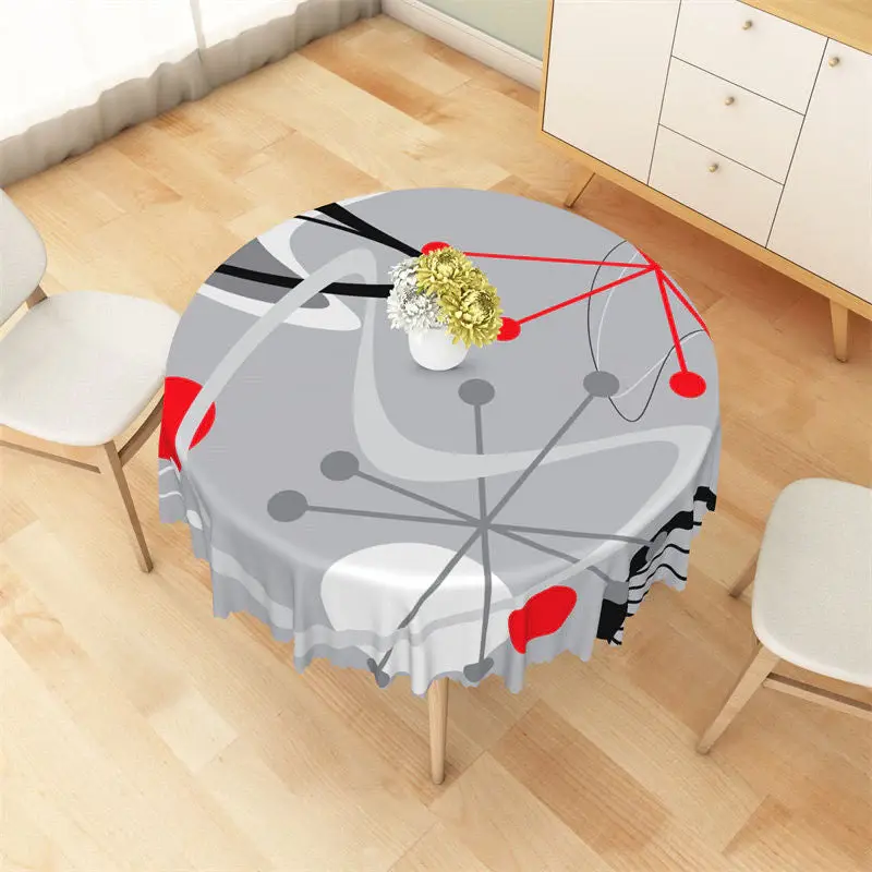 Grey Red Black Lines Spots Abstract Round Tablecloth - Aperturee