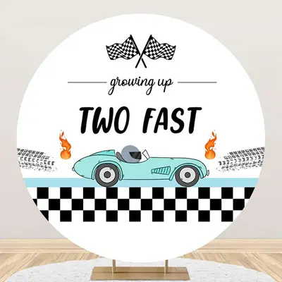 Plaid Flag Green Racing Car Two Fast Round Backdrop