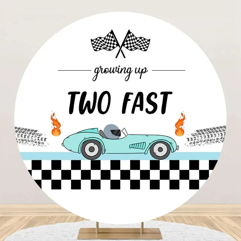 Plaid Flag Green Racing Car Two Fast Round Backdrop