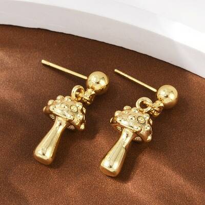 Mushroom Brass Dangle Stud Earrings