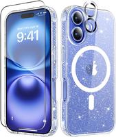 Entronix Case for iPhone 16, Plus, Pro Max, Magnetic Clear Glitter Cover, Clear Camera Lens & Tempered Glass Screen Protector...