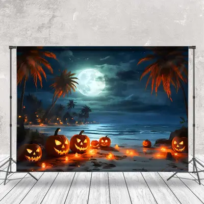 Aperturee Tropical Beach Full Moon Pumpkin Halloween Backdrop - Aperturee