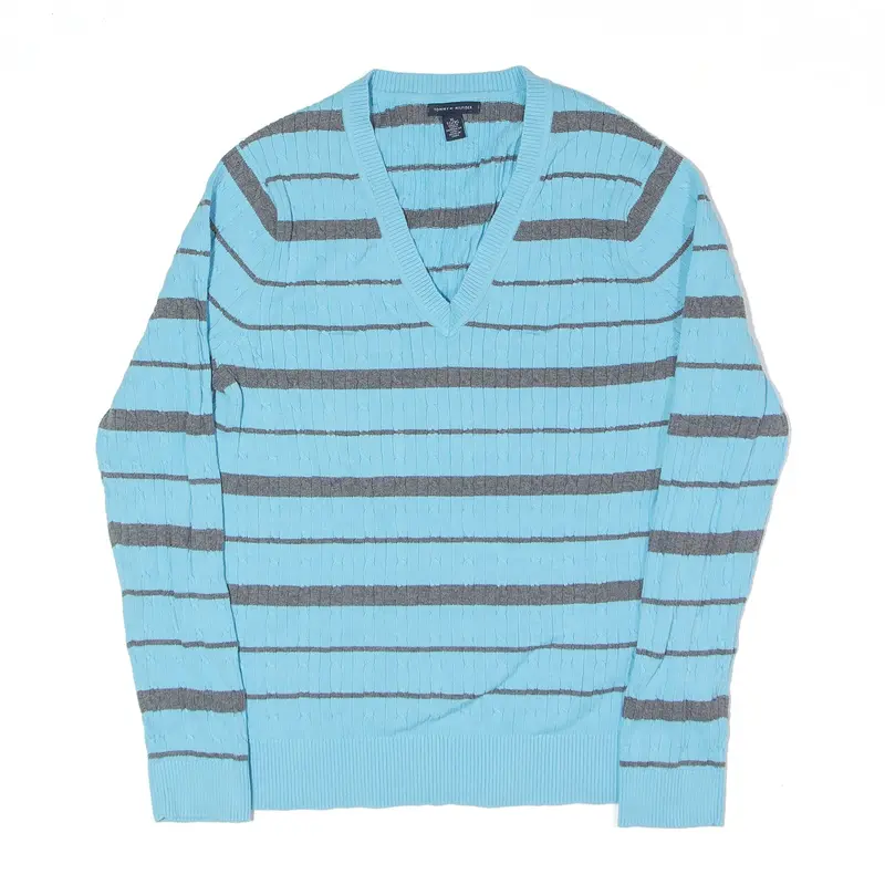 TOMMY HILFIGER Patterned Jumper Blue Striped Cable Knit V-Neck Womens XL