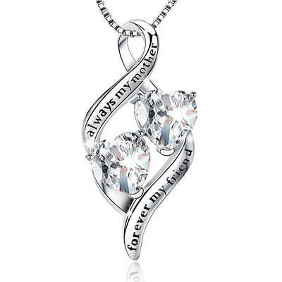 925 Sterling Silver Pave Clear Cubic Zirconia Double Heart Pendant Necklaces for Mother's Day