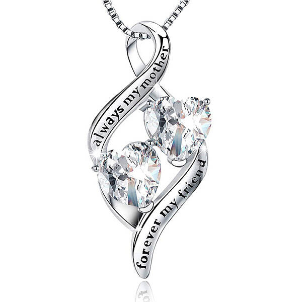 925 Sterling Silver Pave Clear Cubic Zirconia Double Heart Pendant Necklaces for Mother's Day