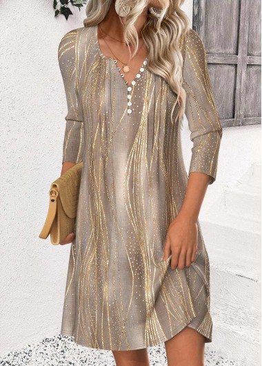 Modlily Light Coffee Short 3/4 Sleeve Split Neck Dress - L