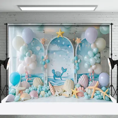 Aperturee Blue Sea Arch Balloons Oceanic Cake Smash Backdrop, 3X2FT(1MX0.6M), 14 USD, birthday cake smash backdrops, NYHD2I14...
