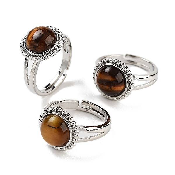 Natural Tiger Eye Round Adjustable Rings
