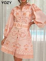 YOZY Women's Plants Print Long Sleeve Dress with Belt, Boho Fashion Casual Dress for Daily Holiday Vacation Wear, Ladies Dres...