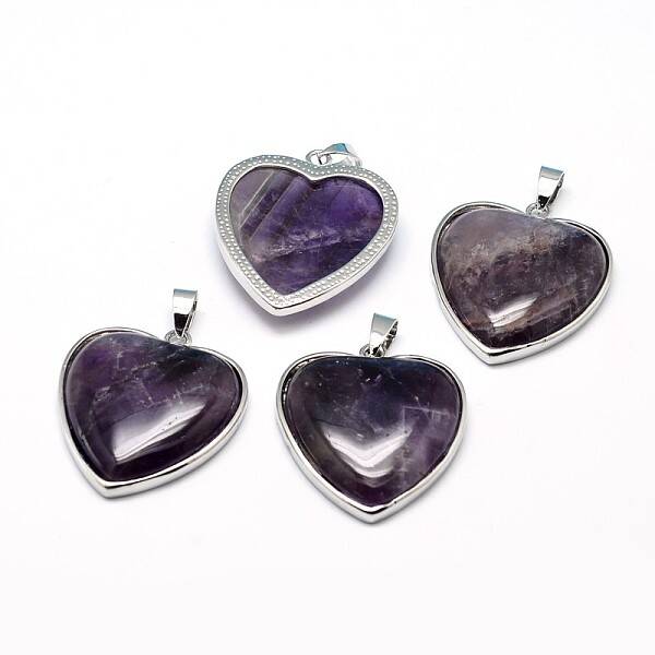 Heart Platinum Plated Brass Natural Amethyst Pendants
