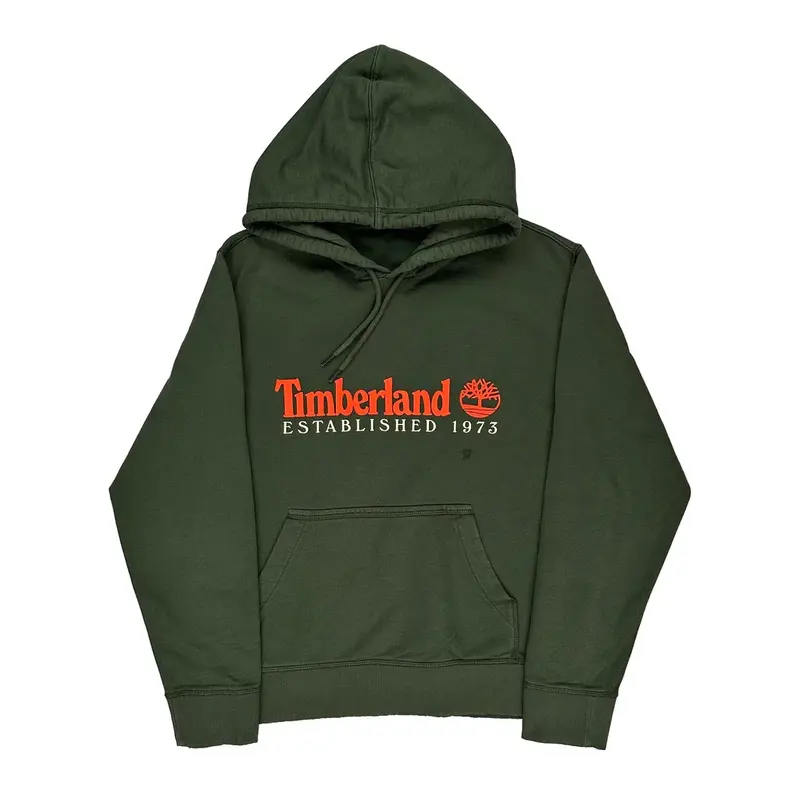 Timberland Spellout Hoodie - Large Khaki Cotton Blend