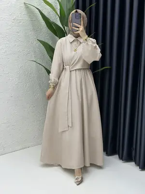 Women's Casual Long Abaya Dress, Woven Fabric, Fitted Design, All-Season Wear, Striped Texture Cotton Dress for Muslim Women