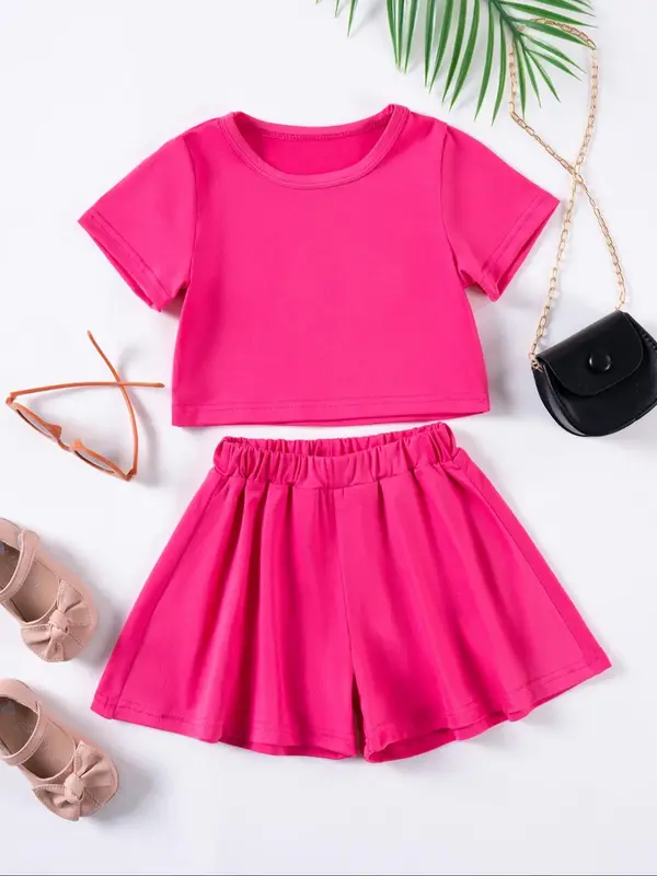 Two-Piece Set Toddler Girl's Solid Short Sleeve Tee & Shorts Set, Casual Round Neck T-shirt & Shorts for Summer, Kids Clo...