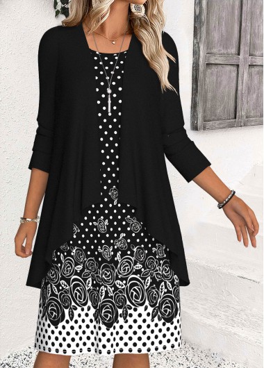 Modlily Black Tummy Coverage Polka Dot Dress and Cardigan - XL