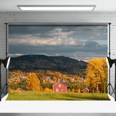 Aperturee Outdoor Red House Dark Clouds Autumn Photo Backdrop | Wall Background Photoshoot | Photography Cloth Backdrop | Bes...