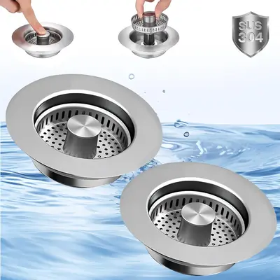 Upgraded 3 in 1 Kitchen Sink Drain Strainer Stopper,Stainless Steel Wrap Around Sink Downspout for US Standard 3-1/2 inch Sew...